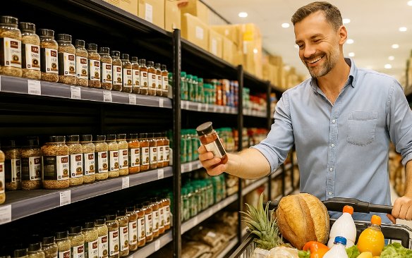 Een gelukkige man in een blauw hemd die in een supermarktgangpad winkelt, een potje kruiden vasthoudt en er met een glimlach naar kijkt. Zijn winkelwagentje is gevuld met diverse boodschappen, waaronder brood en fruit.
