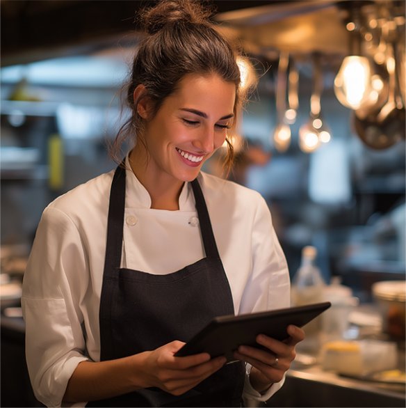 Een lachende vrouwelijke chef-kok met haar haar naar achteren gebonden, die een zwarte schort draagt, kijkt naar een tablet die ze vasthoudt.
